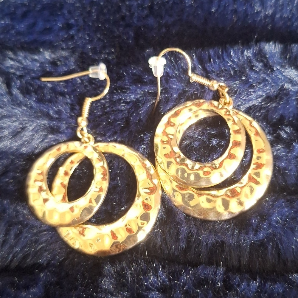 Hammered Gold Tone Double Hoop Dangle Earrings